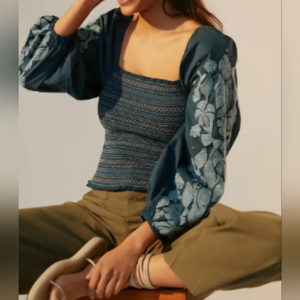 Anthropologie Floral Embroidered Puff-Sleeve Blouse Top